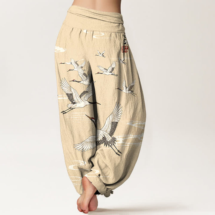 Buddha Stones Pantaloni harem da donna in cotone con motivo a onde orientali e stampa gru, con elastico in vita. - image 7