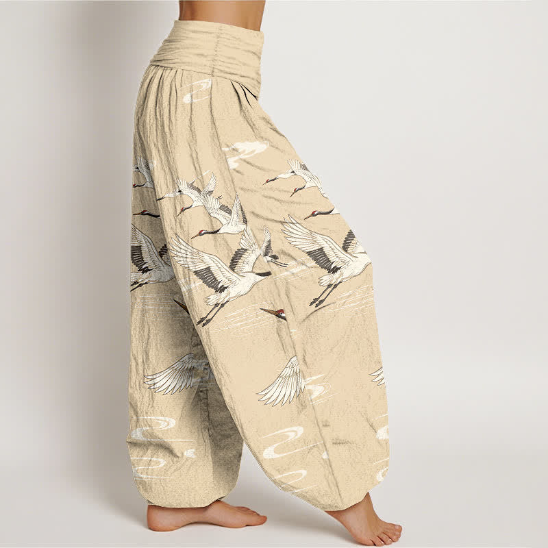 Buddha Stones Pantaloni harem da donna in cotone con motivo a onde orientali e stampa gru, con elastico in vita. - image 6