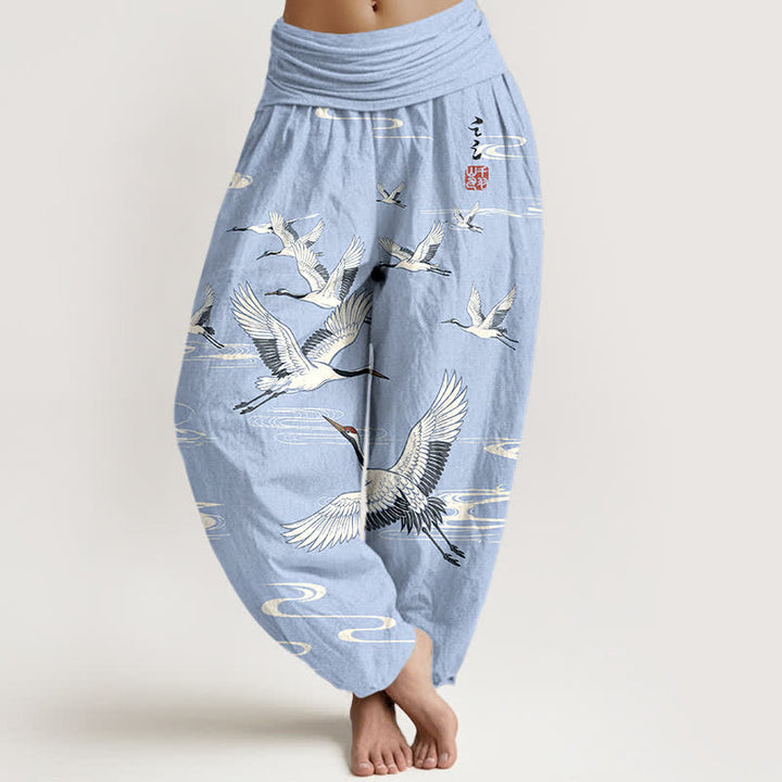 Buddha Stones Pantaloni harem da donna in cotone con motivo a onde orientali e stampa gru, con elastico in vita. - Azzurro chiaro - US16, UK/AU20, EU48 (3XL) - image 8