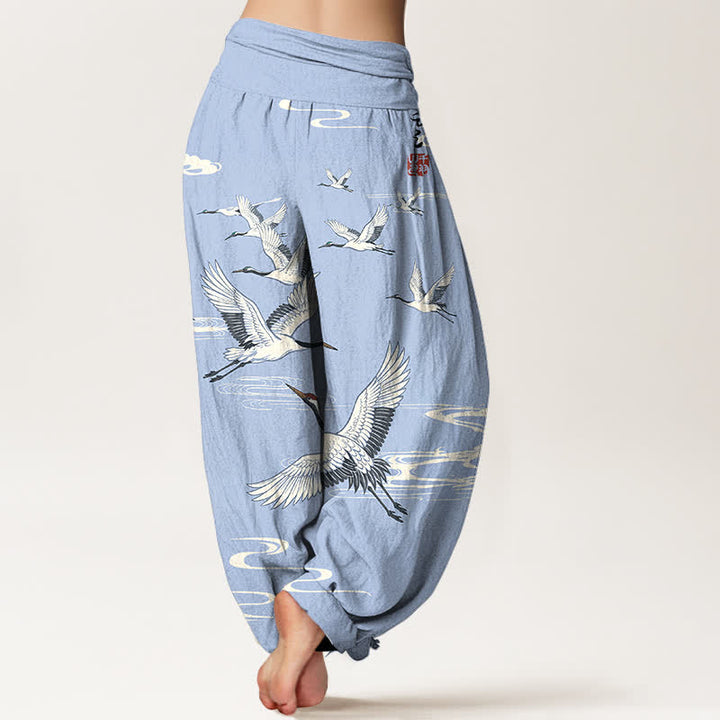 Buddha Stones Pantaloni harem da donna in cotone con motivo a onde orientali e stampa gru, con elastico in vita. - image 10