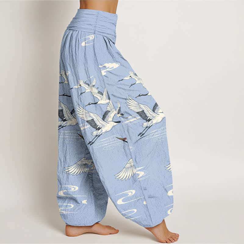 Buddha Stones Pantaloni harem da donna in cotone con motivo a onde orientali e stampa gru, con elastico in vita. - image 9