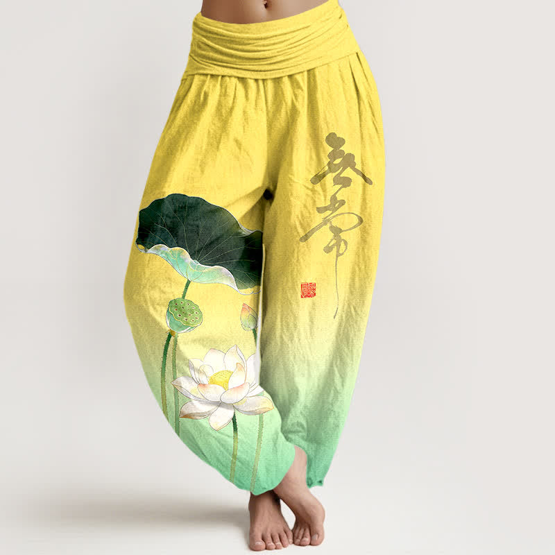Buddha Stones Pantaloni harem da donna in cotone con elegante motivo a fiore di loto e elastico in vita. - Giallo - US16, UK/AU20, EU48 (3XL) - image 0