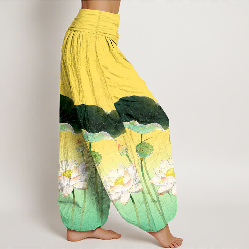 Buddha Stones Pantaloni harem da donna in cotone con elegante motivo a fiore di loto e elastico in vita. - image 1