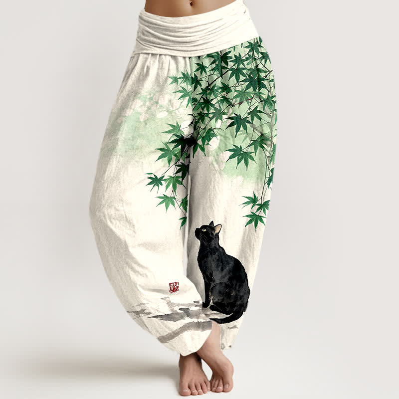 Buddha Stones Pantaloni harem da donna in cotone con motivo a foglie d'acero e gatti, con elastico in vita. - Verde mare - US16, UK/AU20, EU48 (3XL) - image 0