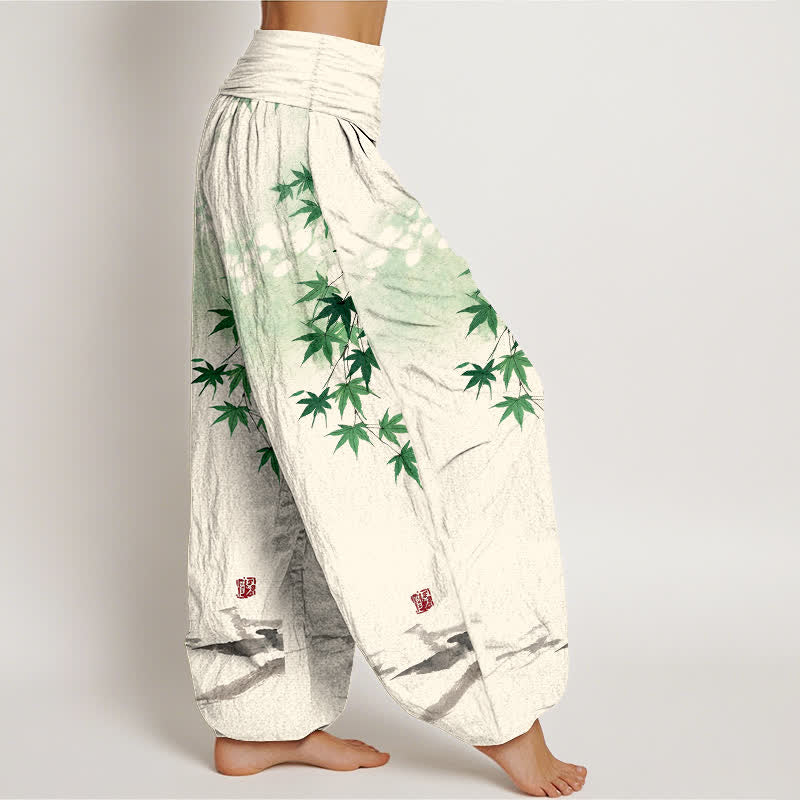 Buddha Stones Pantaloni harem da donna in cotone con motivo a foglie d'acero e gatti, con elastico in vita. - image 1