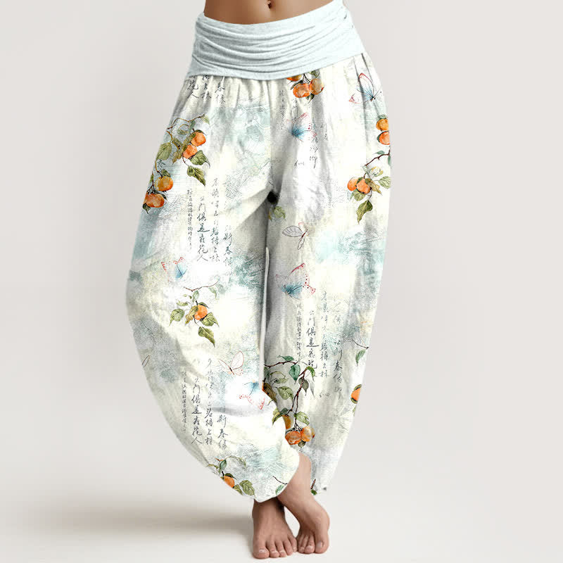 Buddha Stones Pantaloni harem da donna con elastico in vita e stampa calligrafica a inchiostro di cotone e motivo a farfalle e agrumi. - Ciano chiaro - US16, UK/AU20, EU48 (3XL) - image 0