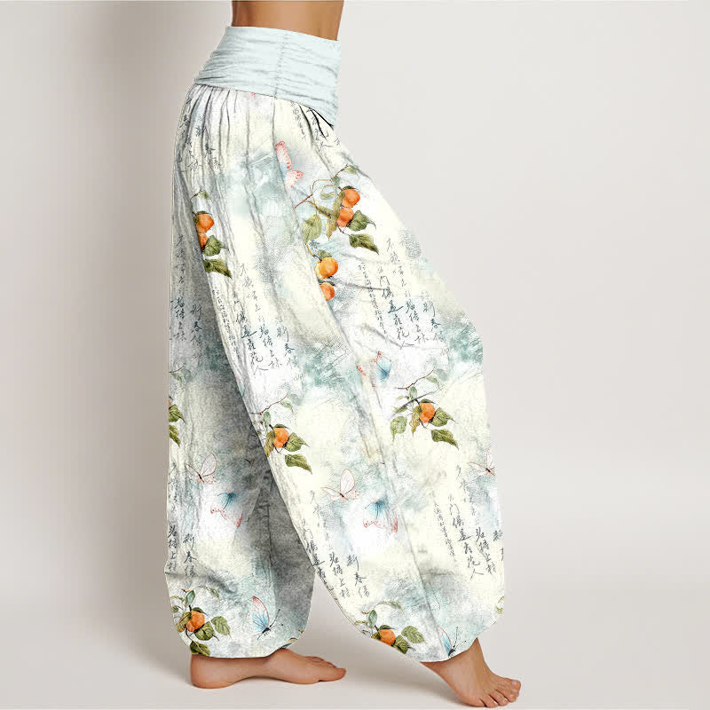 Buddha Stones Pantaloni harem da donna con elastico in vita e stampa calligrafica a inchiostro di cotone e motivo a farfalle e agrumi. - image 1
