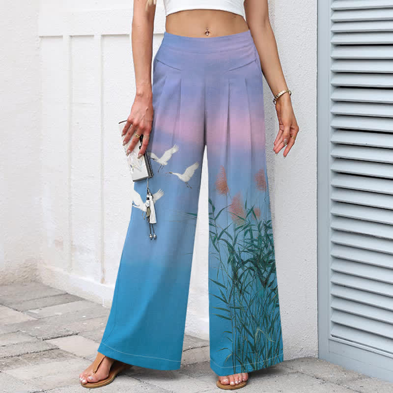 Buddha Stones Pantaloni da donna a gamba larga con elastico in vita e tasche, in cotone e lino, con stampa sfumata di canne di gru. - image 1