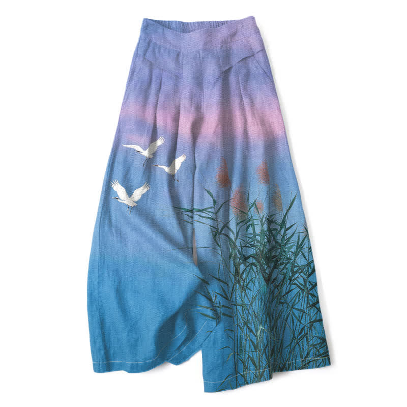 Buddha Stones Pantaloni da donna a gamba larga con elastico in vita e tasche, in cotone e lino, con stampa sfumata di canne di gru. - Blu cielo profondo - US16, UK/AU20, EU48 (3XL) - image 0