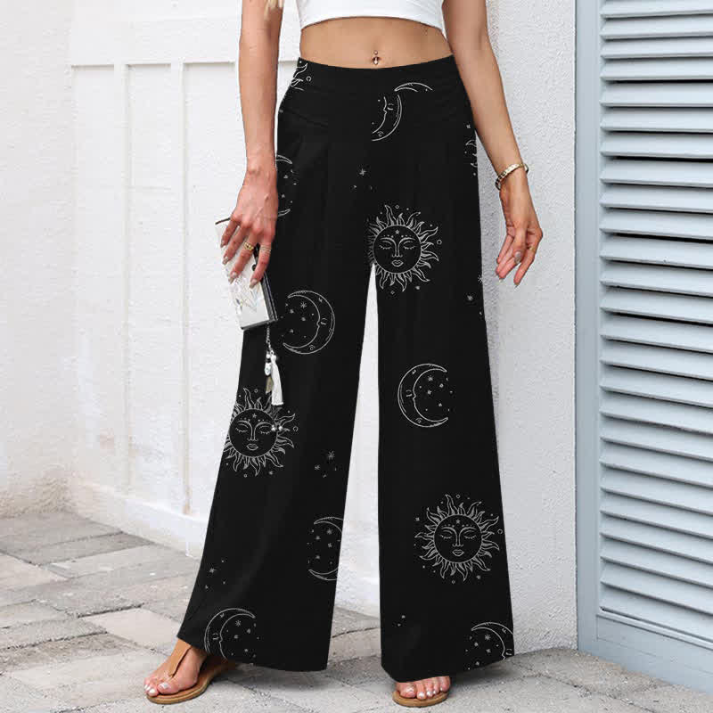 Buddha Stones Pantaloni da donna in cotone e lino con elastico in vita e gamba larga, fantasia celeste sole e luna, con tasche. - image 1