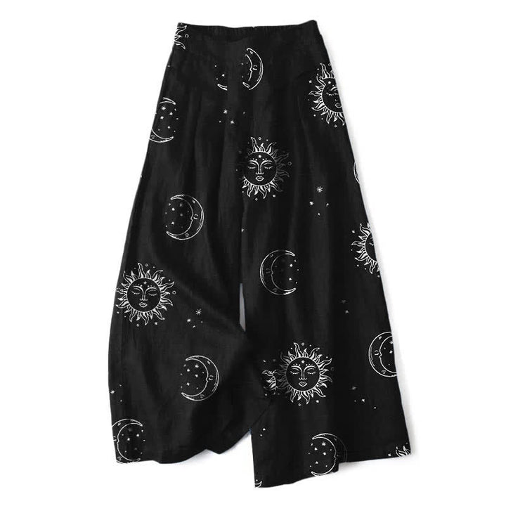 Buddha Stones Pantaloni da donna in cotone e lino con elastico in vita e gamba larga, fantasia celeste sole e luna, con tasche. - Nero - US16, UK/AU20, EU48 (3XL) - image 0
