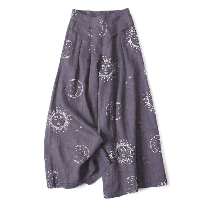 Buddha Stones Pantaloni da donna in cotone e lino con elastico in vita e gamba larga, fantasia celeste sole e luna, con tasche. - Grigio ardesia - US16, UK/AU20, EU48 (3XL) - image 4