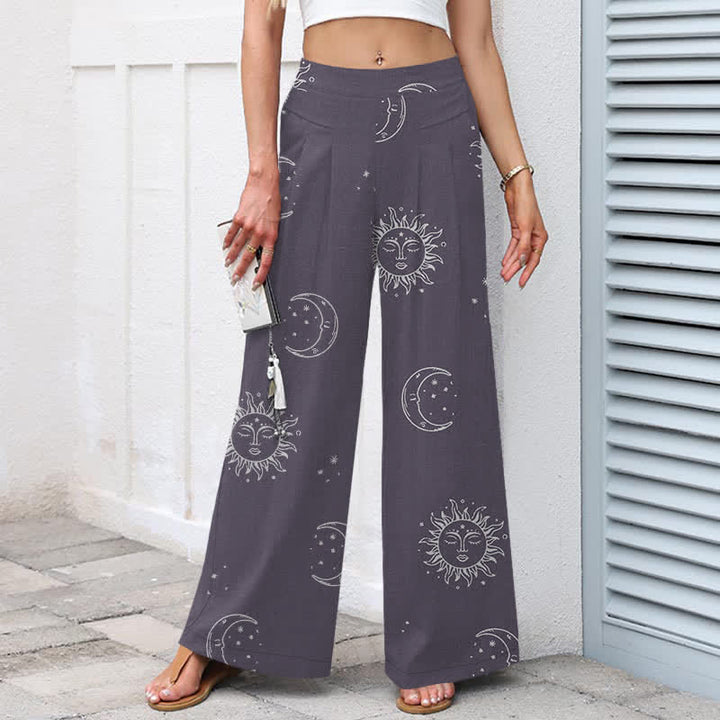 Buddha Stones Pantaloni da donna in cotone e lino con elastico in vita e gamba larga, fantasia celeste sole e luna, con tasche. - image 5