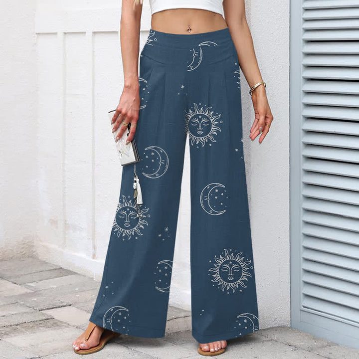 Buddha Stones Pantaloni da donna in cotone e lino con elastico in vita e gamba larga, fantasia celeste sole e luna, con tasche. - image 7