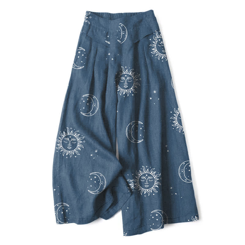 Buddha Stones Pantaloni da donna in cotone e lino con elastico in vita e gamba larga, fantasia celeste sole e luna, con tasche. - SteelBlue - US16, UK/AU20, EU48 (3XL) - image 6
