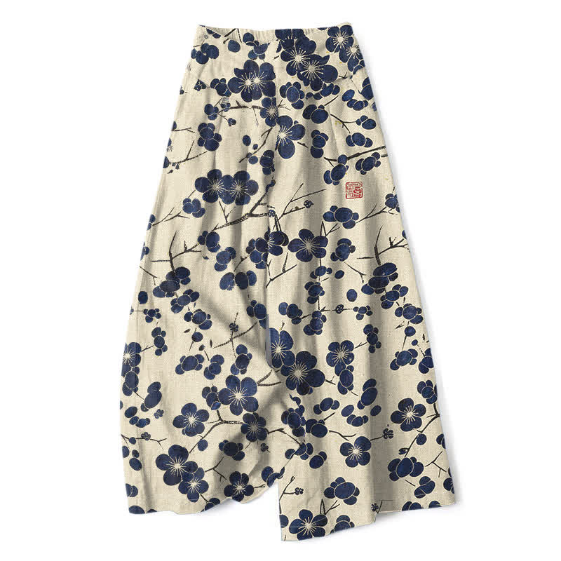 Buddha Stones Pantaloni da donna a gamba larga con elastico in vita e tasche, in cotone e lino, stile vintage, con fantasia floreale indaco. - Beige - US16, UK/AU20, EU48 (3XL) - image 0