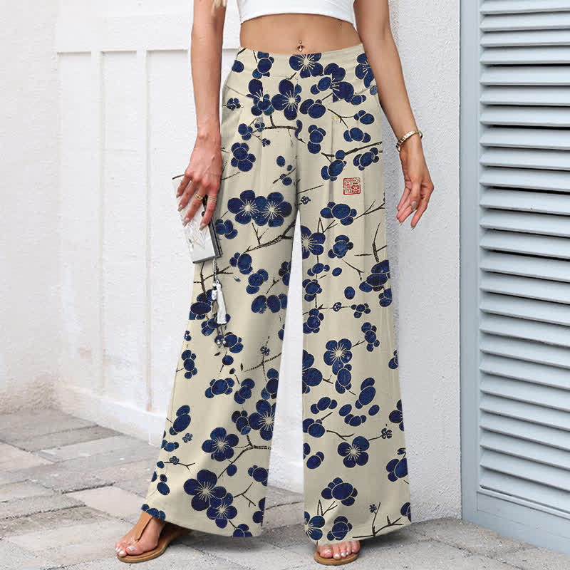 Buddha Stones Pantaloni da donna a gamba larga con elastico in vita e tasche, in cotone e lino, stile vintage, con fantasia floreale indaco. - image 1