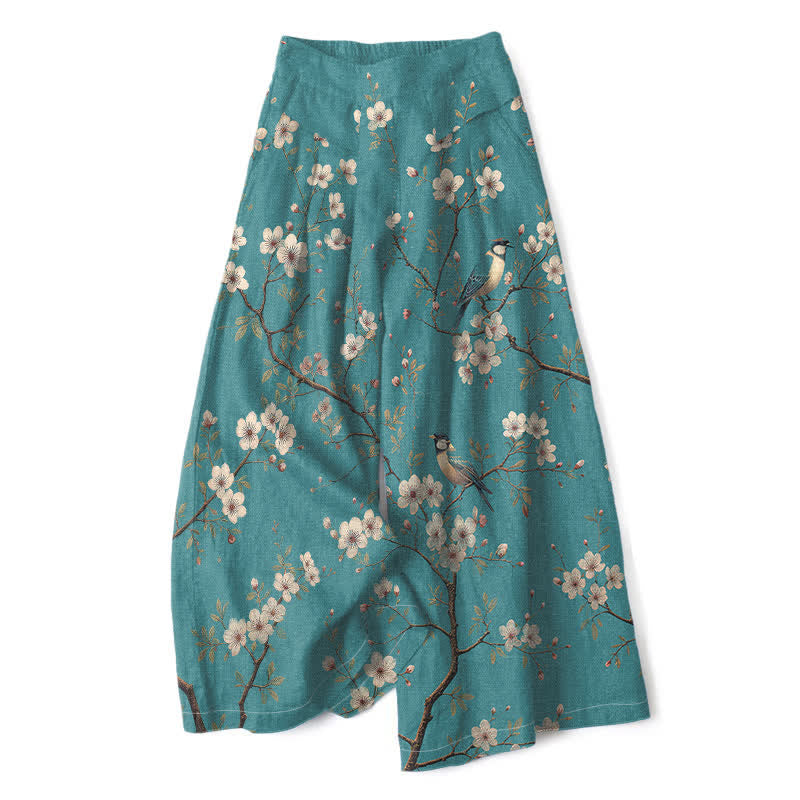 Buddha Stones Pantaloni da donna a gamba larga con elastico in vita e tasche, in cotone e lino, con stampa floreale vintage e motivo a uccelli. - Turchese medio - US16, UK/AU20, EU48 (3XL) - image 0