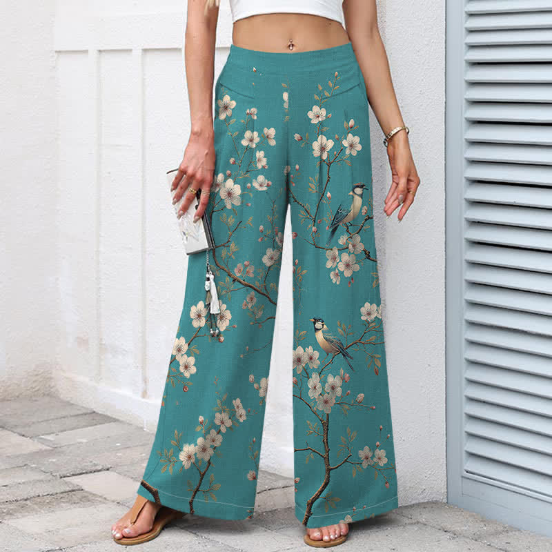 Buddha Stones Pantaloni da donna a gamba larga con elastico in vita e tasche, in cotone e lino, con stampa floreale vintage e motivo a uccelli. - image 1