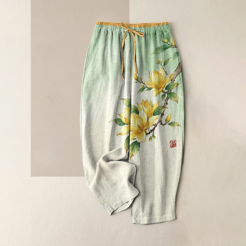 Buddha Stones Pantaloni da donna in puro cotone con stampa magnolia e vita elasticizzata, con tasche. - Verde pallido - US16, UK/AU20, EU48 (3XL) - image 0