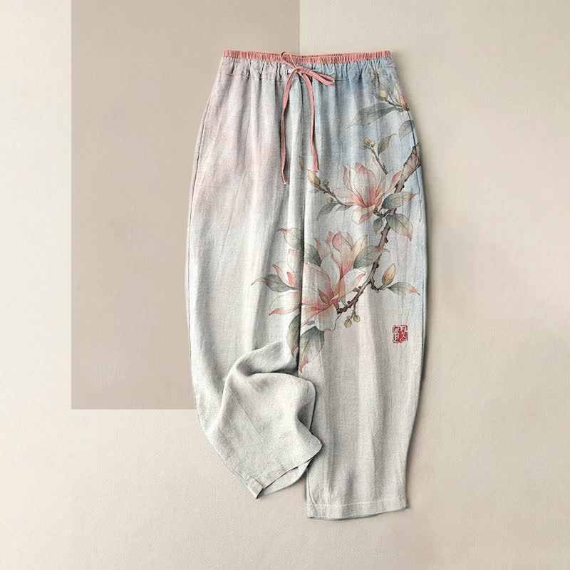Buddha Stones Pantaloni da donna in puro cotone con stampa magnolia e vita elasticizzata, con tasche. - Rosa - US16, UK/AU20, EU48 (3XL) - image 3
