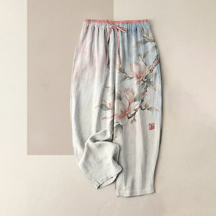 Buddha Stones Pantaloni da donna in puro cotone con stampa magnolia e vita elasticizzata, con tasche. - Rosa - US16, UK/AU20, EU48 (3XL) - image 3