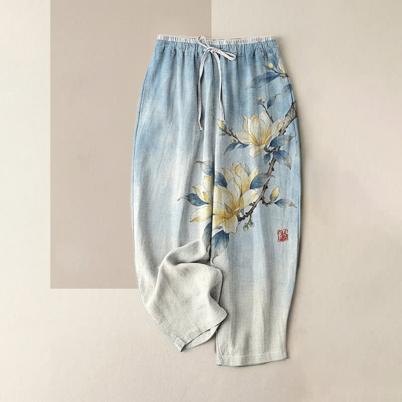Buddha Stones Pantaloni da donna in puro cotone con stampa magnolia e vita elasticizzata, con tasche. - Azzurro cielo chiaro - US16, UK/AU20, EU48 (3XL) - image 4