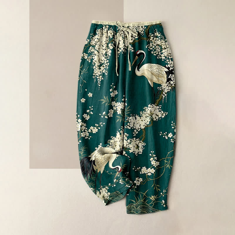 Buddha Stones Pantaloni da donna in puro cotone con elastico in vita e tasche, fantasia floreale orientale con gru. - Verde acqua - US16, UK/AU20, EU48 (3XL) - image 0