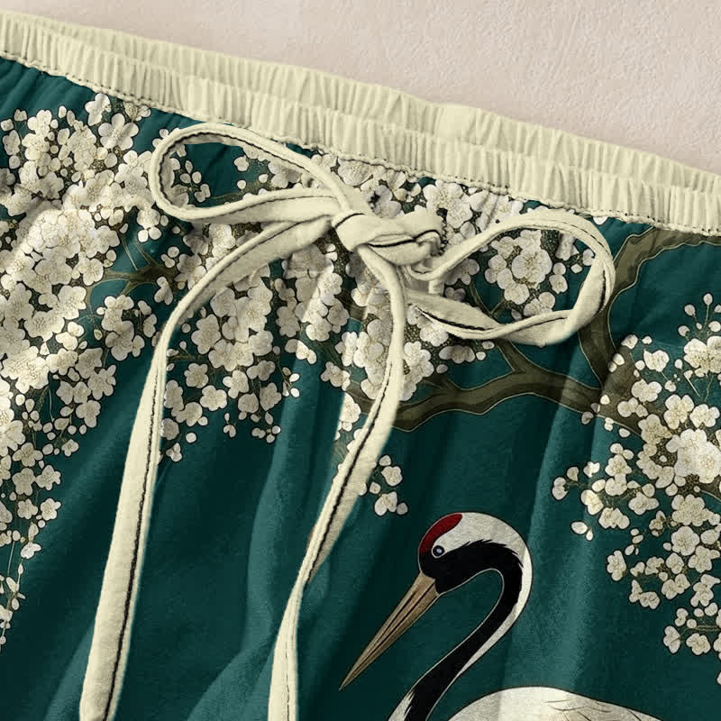 Buddha Stones Pantaloni da donna in puro cotone con elastico in vita e tasche, fantasia floreale orientale con gru. - image 1