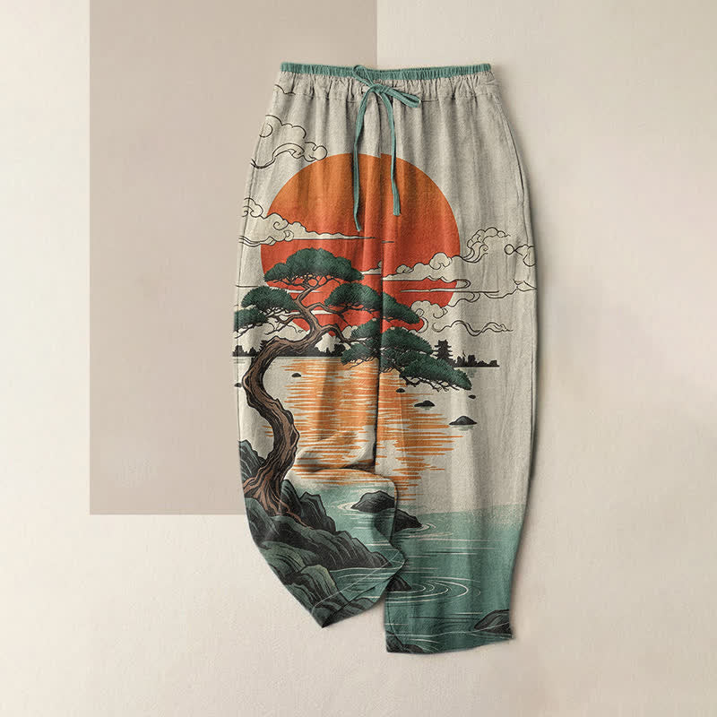 Buddha Stones Pantaloni da donna in puro cotone con elastico in vita e tasche, fantasia "Tramonto artistico con pini". - Acquamarina media - US16, UK/AU20, EU48 (3XL) - image 0