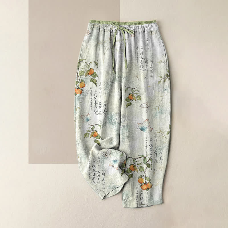 Buddha Stones Pantaloni da donna in puro cotone con elastico in vita e tasche, fantasia a farfalle e agrumi orientali. - Melata - US16, UK/AU20, EU48 (3XL) - image 0