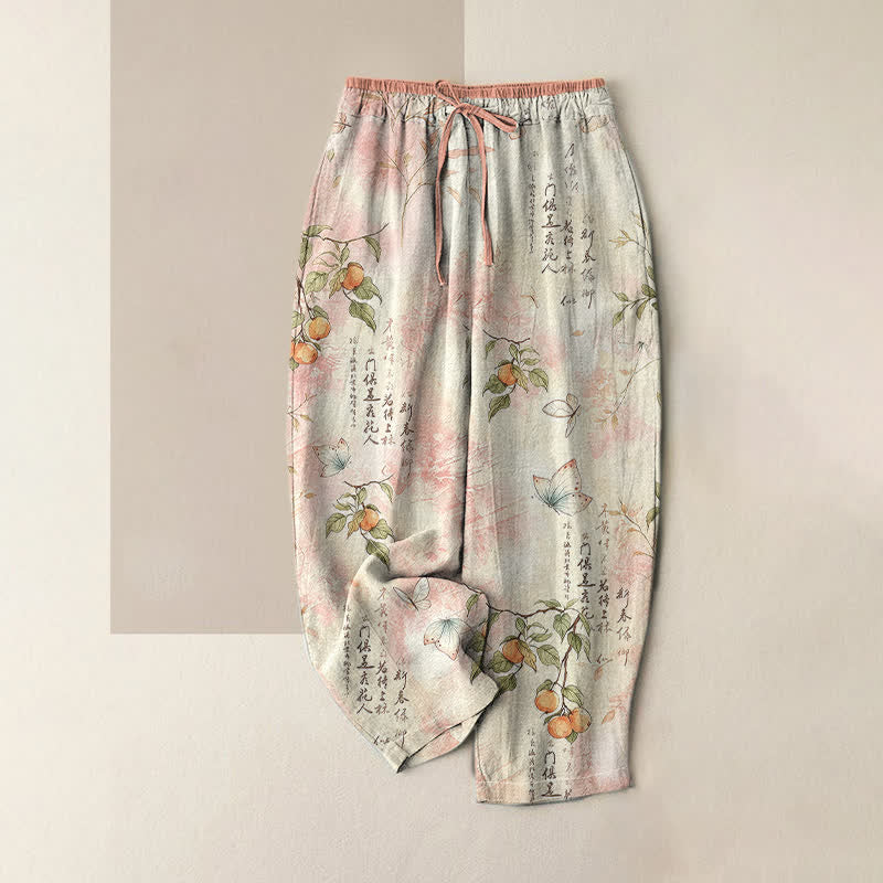 Buddha Stones Pantaloni da donna in puro cotone con elastico in vita e tasche, fantasia a farfalle e agrumi orientali. - Rosa lavanda - US16, UK/AU20, EU48 (3XL) - image 3
