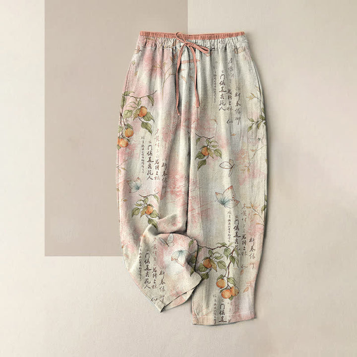 Buddha Stones Pantaloni da donna in puro cotone con elastico in vita e tasche, fantasia a farfalle e agrumi orientali. - Rosa lavanda - US16, UK/AU20, EU48 (3XL) - image 3