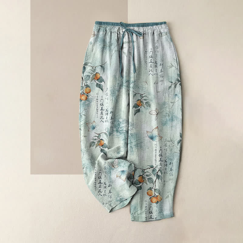 Buddha Stones Pantaloni da donna in puro cotone con elastico in vita e tasche, fantasia a farfalle e agrumi orientali. - Turchese pallido - US16, UK/AU20, EU48 (3XL) - image 4