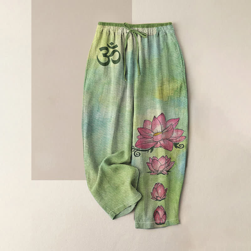 Buddha Stones Pantaloni da donna in puro cotone con elastico in vita e tasche, con motivo Zen Om Lotus Bloom. - Verde chiaro - US16, UK/AU20, EU48 (3XL) - image 0