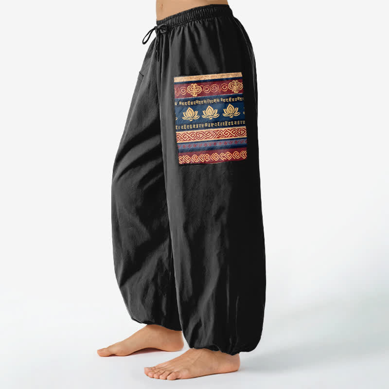 Buddha Stones Pantaloni harem da donna in cotone stile bohémien con motivo geometrico a loto e vita elasticizzata, con tasche laterali. - image 1