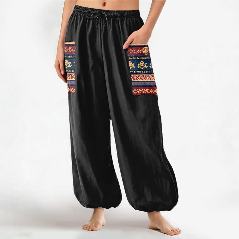 Buddha Stones Pantaloni harem da donna in cotone stile bohémien con motivo geometrico a loto e vita elasticizzata, con tasche laterali. - Nero - US16, UK/AU20, EU48 (3XL) - image 0