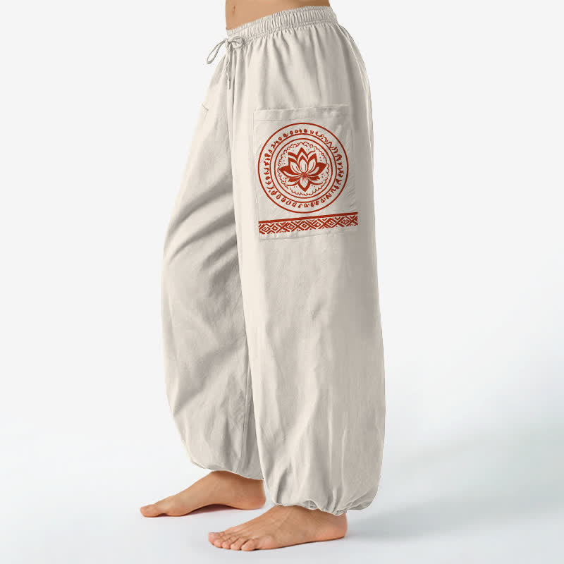 Buddha Stones Pantaloni harem da donna in cotone con motivo mandala di loto e vita elasticizzata, con tasche laterali. - Beige - US16, UK/AU20, EU48 (3XL) - image 0