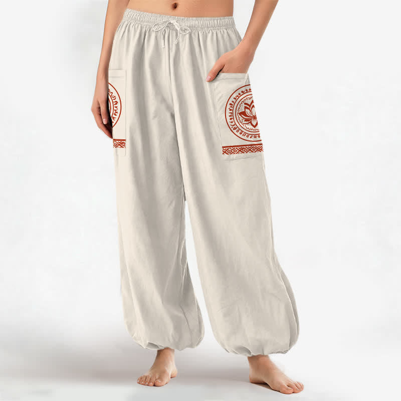 Buddha Stones Pantaloni harem da donna in cotone con motivo mandala di loto e vita elasticizzata, con tasche laterali. - image 1