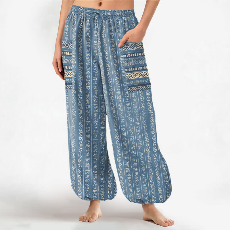 Buddha Stones Pantaloni harem da donna in cotone con elastico in vita e tasche laterali, fantasia a righe geometriche etniche. - Cielo Blu - US16, UK/AU20, EU48 (3XL) - image 0