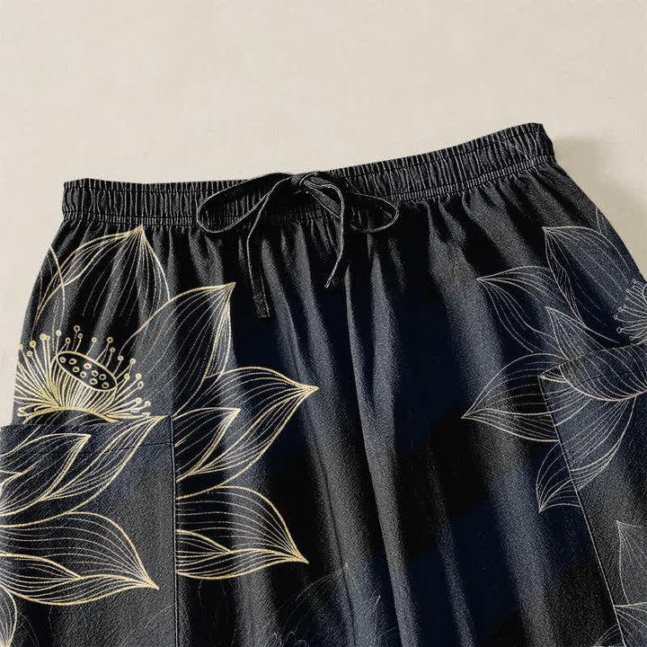 Buddha Stones Pantaloni harem da donna in cotone con elastico in vita e motivo floreale a loto, con tasche laterali. - image 5
