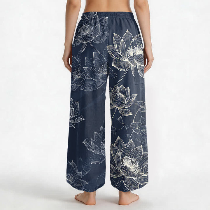 Buddha Stones Pantaloni harem da donna in cotone con elastico in vita e motivo floreale a loto, con tasche laterali. - image 9