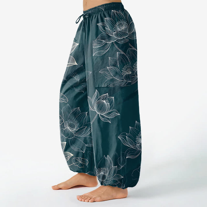 Buddha Stones Pantaloni harem da donna in cotone con elastico in vita e motivo floreale a loto, con tasche laterali. - image 11