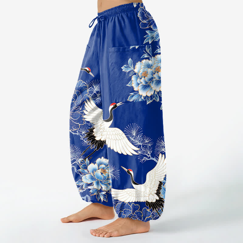Buddha Stones Pantaloni harem da donna in cotone con motivo a gru e peonia orientali, vita elasticizzata e tasche laterali. - image 1