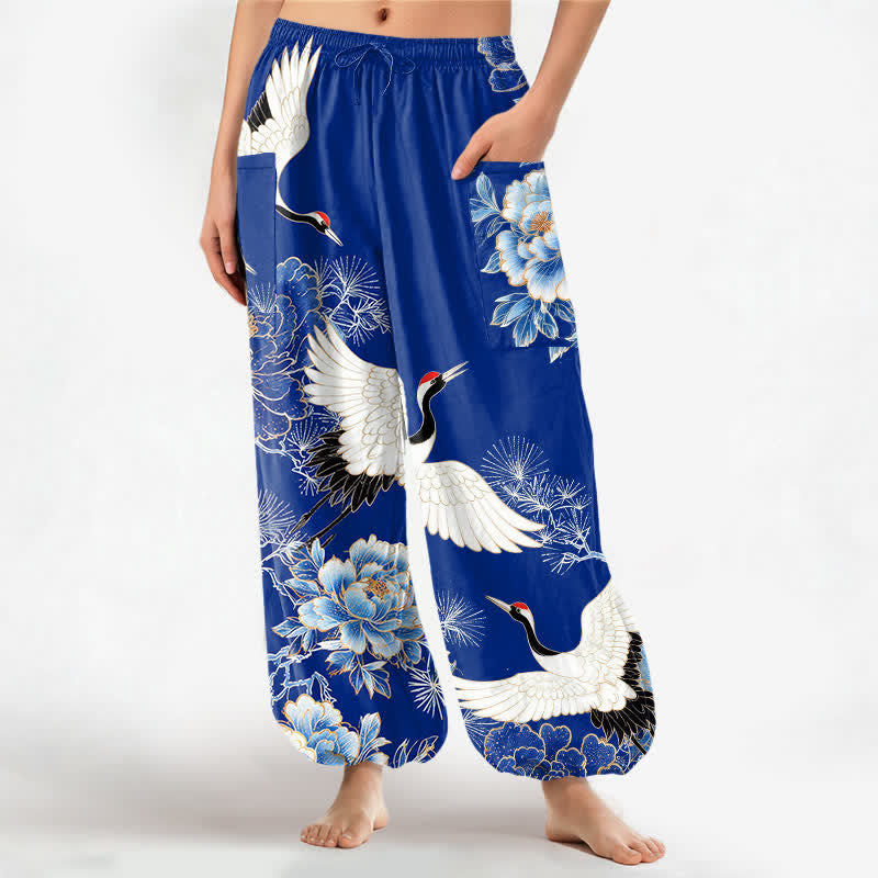 Buddha Stones Pantaloni harem da donna in cotone con motivo a gru e peonia orientali, vita elasticizzata e tasche laterali. - Blu reale - US16, UK/AU20, EU48 (3XL) - image 0