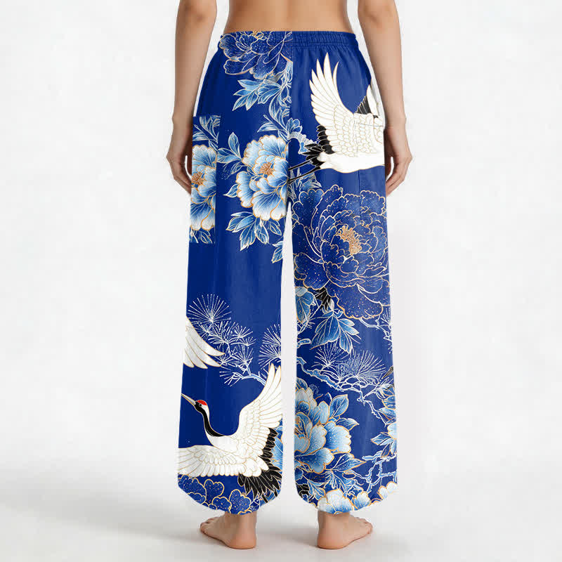 Buddha Stones Pantaloni harem da donna in cotone con motivo a gru e peonia orientali, vita elasticizzata e tasche laterali. - image 2