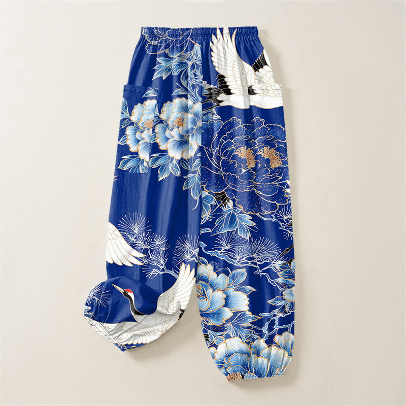 Buddha Stones Pantaloni harem da donna in cotone con motivo a gru e peonia orientali, vita elasticizzata e tasche laterali. - image 4