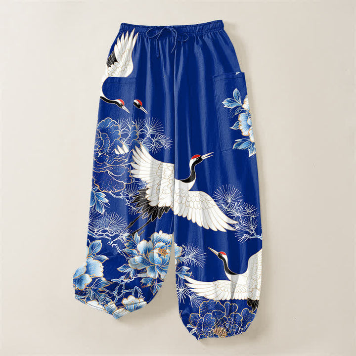 Buddha Stones Pantaloni harem da donna in cotone con motivo a gru e peonia orientali, vita elasticizzata e tasche laterali. - image 3