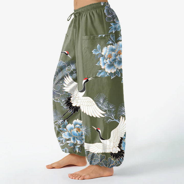 Buddha Stones Pantaloni harem da donna in cotone con motivo a gru e peonia orientali, vita elasticizzata e tasche laterali. - image 8