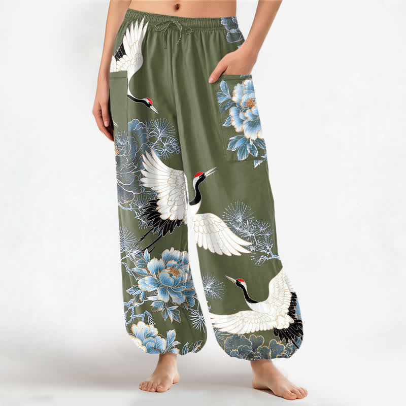 Buddha Stones Pantaloni harem da donna in cotone con motivo a gru e peonia orientali, vita elasticizzata e tasche laterali. - Verde oliva - US16, UK/AU20, EU48 (3XL) - image 7